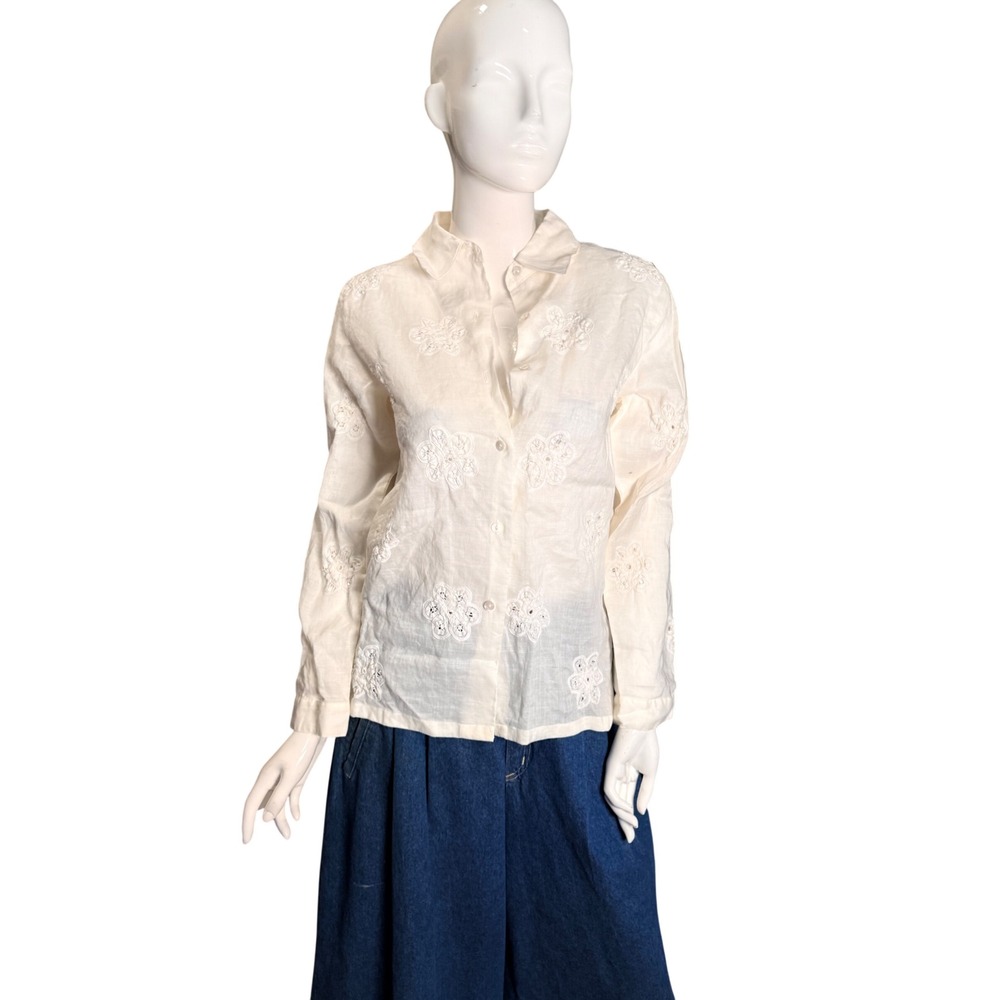 Poetic Cream Ramie Floral Embroidered Button Down Blouse Shirt Womens 4